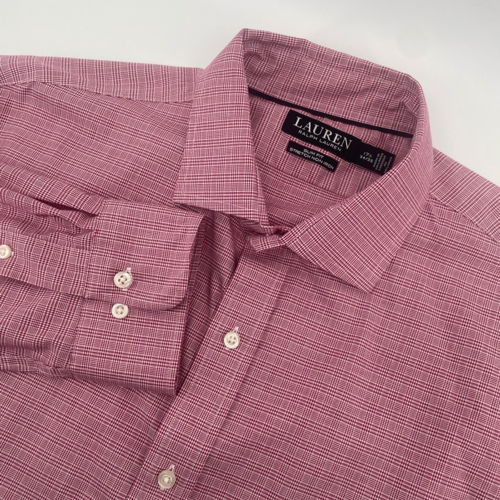 Lauren Ralph Lauren Dress Shirt Mens 17.5 34/35 Burgundy Slim Stretch Non Iron